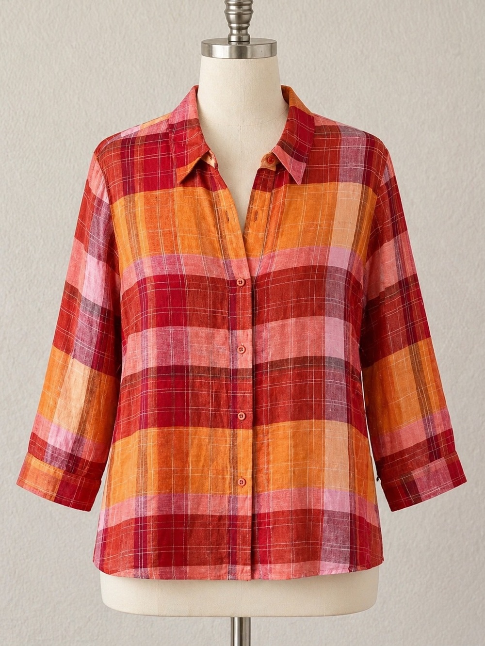 COLDWATER CREEK Linen Plaid Button Up Shirt 2X  Colorful Vacation Coastal FLAW